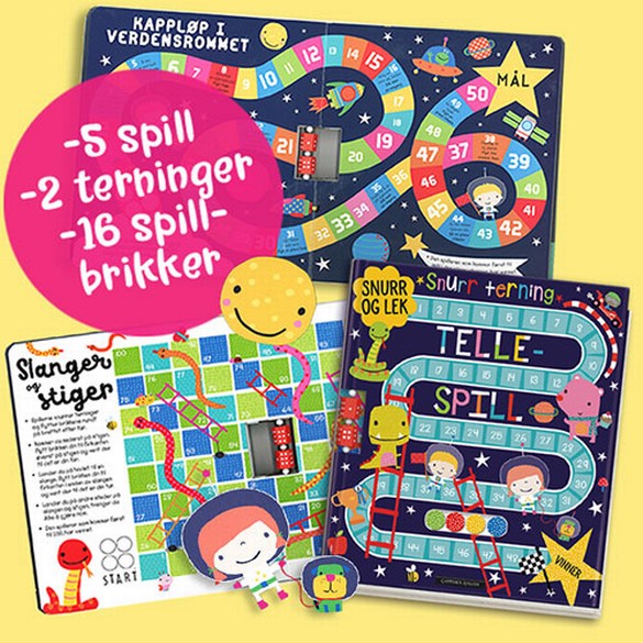 Snurr terning i Barnas Egen Bokverden: Herlig brettspillbok med fem spill, to terninger og 16 spillbrikker. Ha det gøy og lær matte samtidig!
