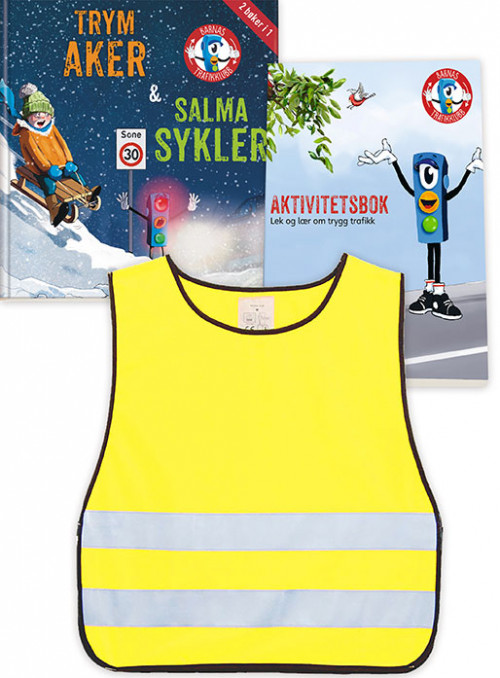 Omslag - Barnas Trafikklubb - Trym aker & Salma sykler, aktivitetsbok og refleksvest