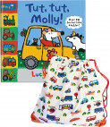 Omslag - Tut, tut, Molly! og Stoffpose med kjøretøy-design