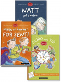 Omslag - Natt på skolen, Hjelp, vi kommer for sent! og Moro med tid